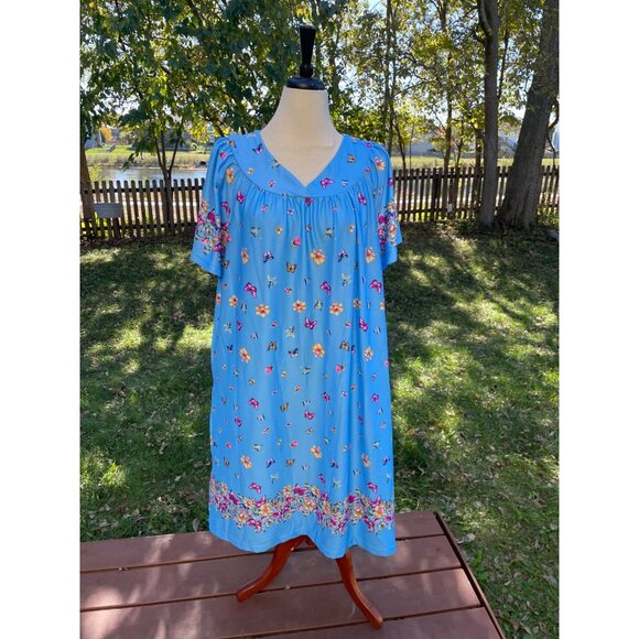 Blue Floral Butterfly Print Short Sleeve House Dress 1X By Metropolitan 100% Pol - Picture 1 of 9